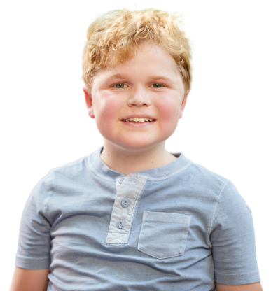 Smiling young child with blond curly hair wearing a light blue henley shirt, isolated on a white background.